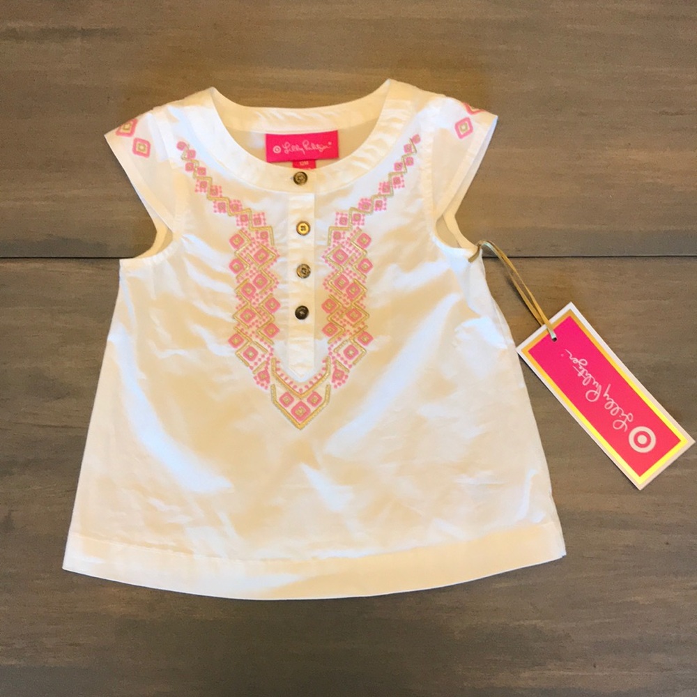NWT Lilly for Target White Top Pink Gold Embroider
